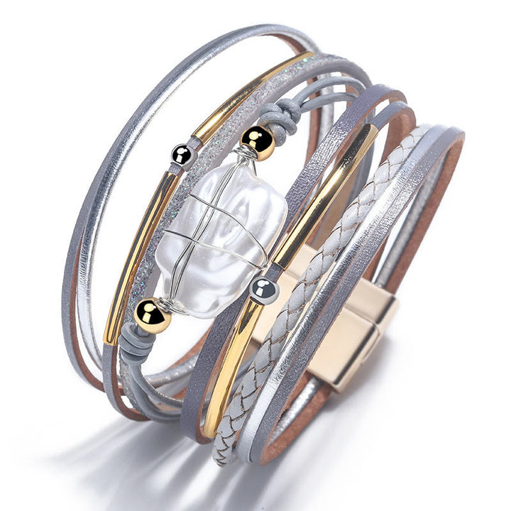 Bracelet en cuir tressé avec perles d'eau douce naturelles Olivenorma