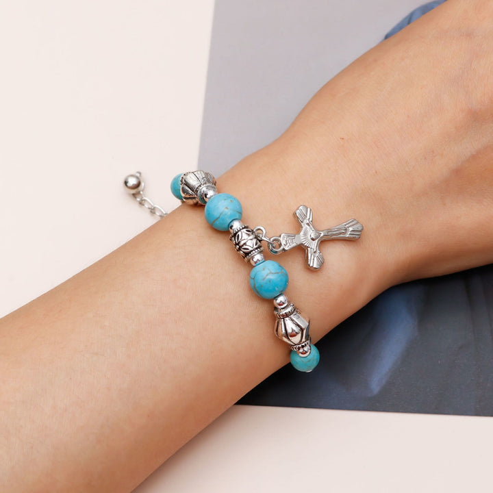 Bracelet pendentif croix en argent et perles turquoise Olivenorma