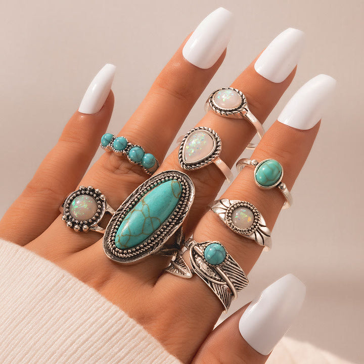 Ensemble de 8 bagues en feuille d'éléphant turquoise et opale Olivenorma 