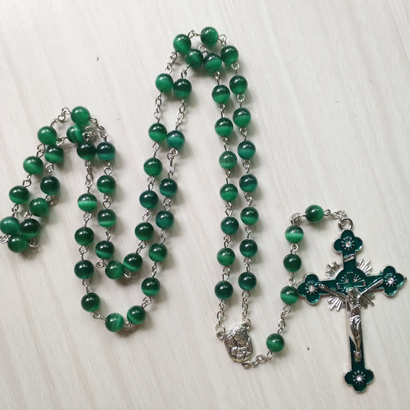 Collier chapelet croix en pierre œil de chat vert Olivenorma 