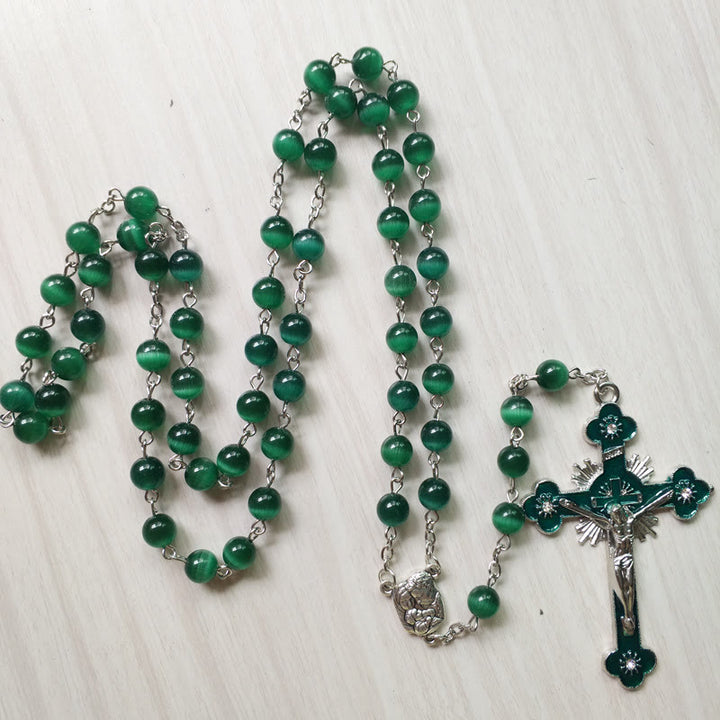Collier chapelet croix en pierre œil de chat vert Olivenorma 