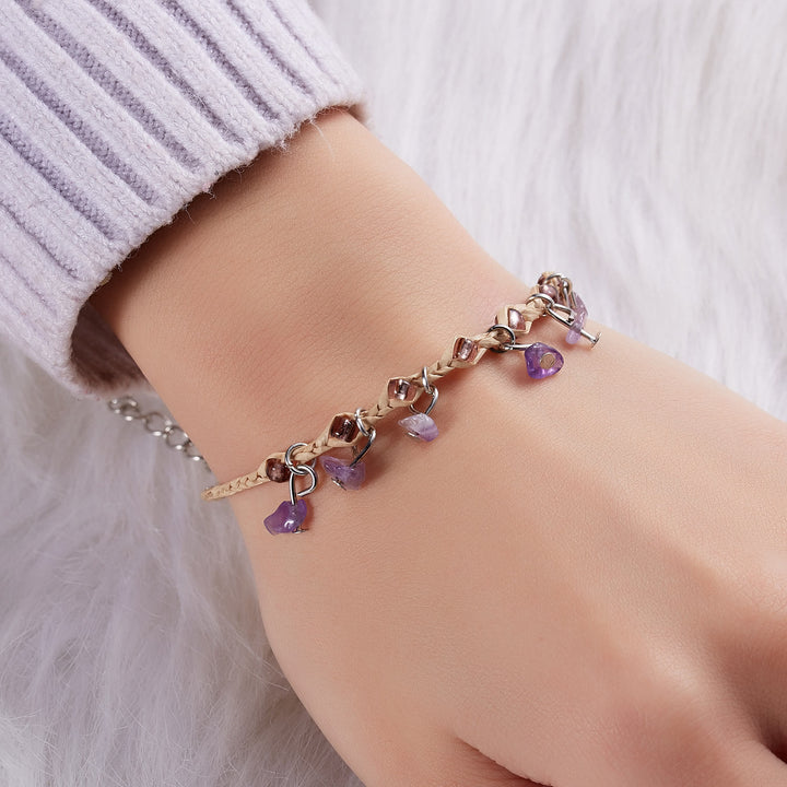 Bracelet tressé en gravier avec pompon en obsidienne et améthyste œil de tigre Olivenorma