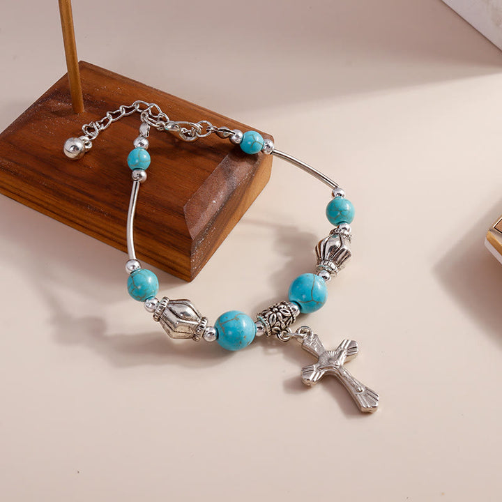 Bracelet pendentif croix en argent et perles turquoise Olivenorma