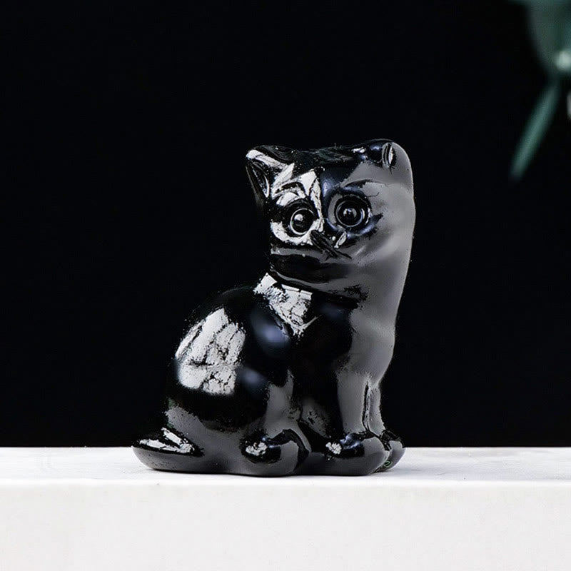 Décoration en pierre précieuse sculptée en forme de chat porte-bonheur en cristal naturel Olivenorma - Obsidienne - image 10