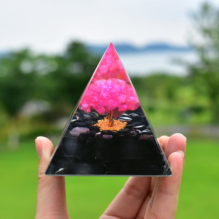 Pyramide d'orgone de guérison en obsidienne Olivenorma avec cristal rose