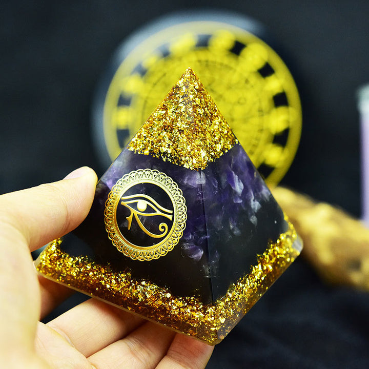 Olivenorma Améthyste Obsidienne Oeil d'Horus Symbole Orgone Pyramide 