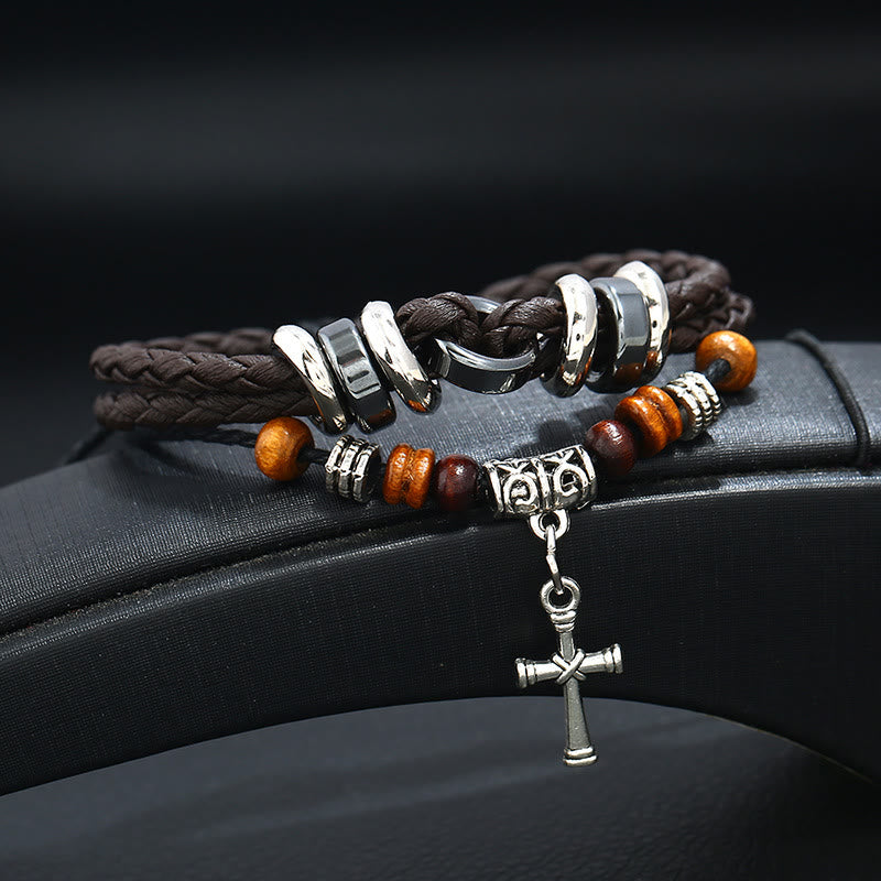 Bracelet en cuir tressé multicouche ajustable Olivenorma - Oeil de tigre - Brun foncé - image 3