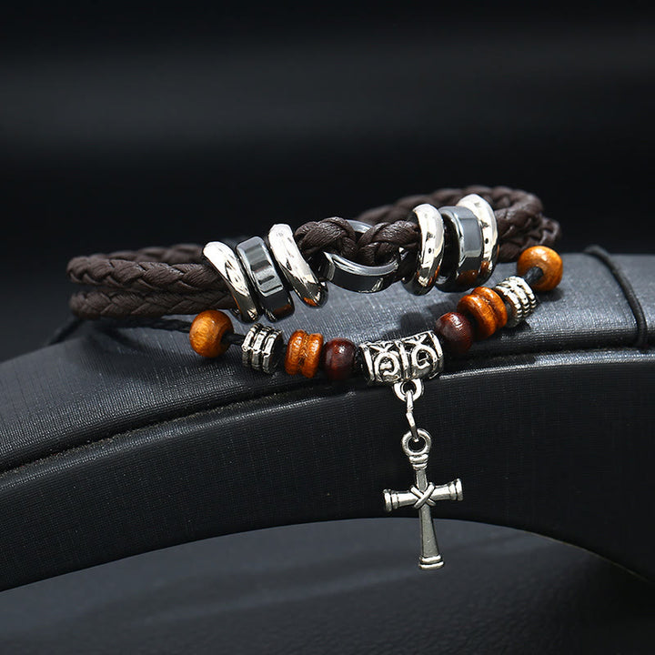 Bracelet en cuir tressé multicouche ajustable Olivenorma - Oeil de tigre - Brun foncé - image 3