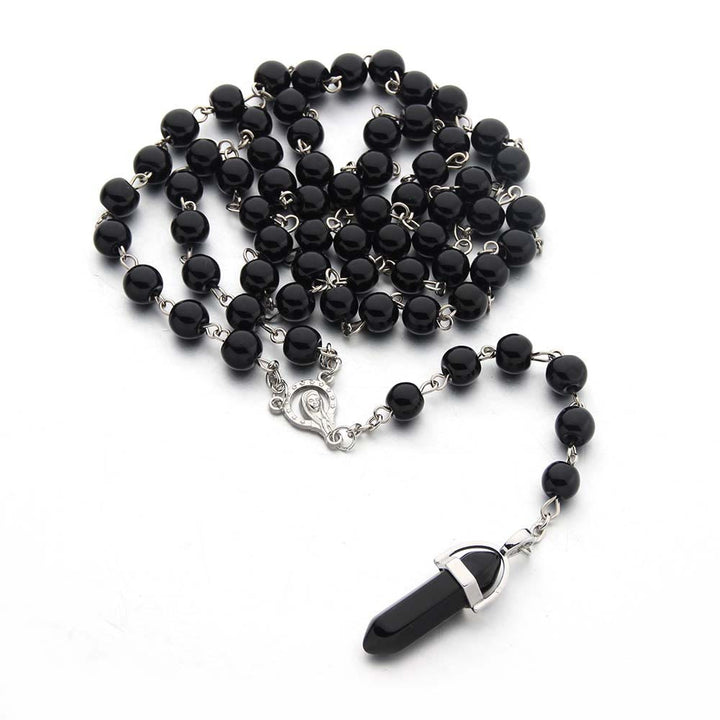Collier chapelet avec pendentif hexagonal en cristal d'obsidienne chrétienne Olivenorma
