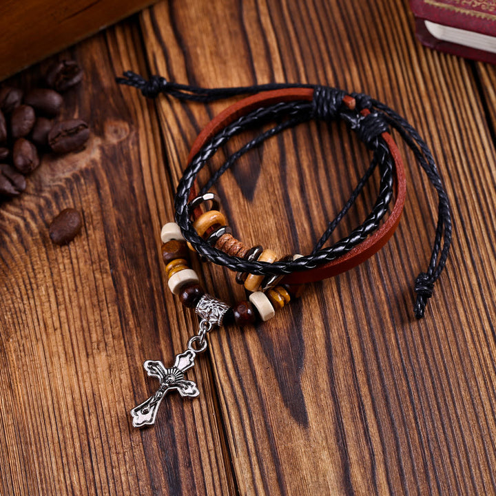 Bracelet tressé en cuir pour homme avec pendentif croix et étoile Olivenorma - Croix - image 0
