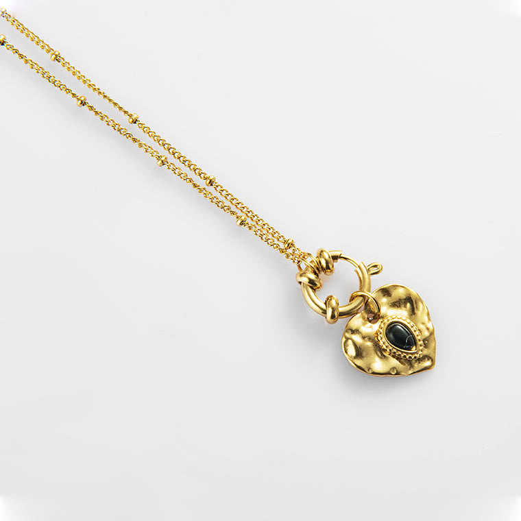 Collier pendentif coeur turquoise noir en acier titane Olivenorma 