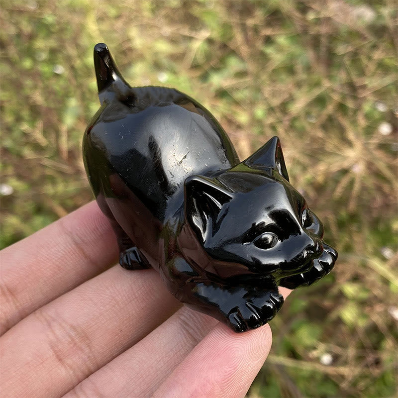 Décoration en pierre précieuse sculptée en forme de chat en obsidienne naturelle Olivenorma 