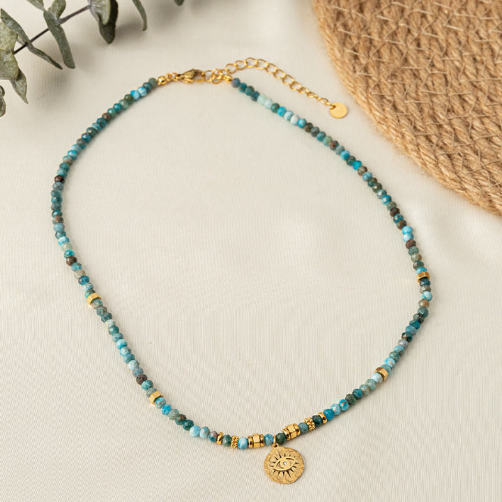 Collier de perles turquoise bleues naturelles contre le mauvais œil Olivenorma 