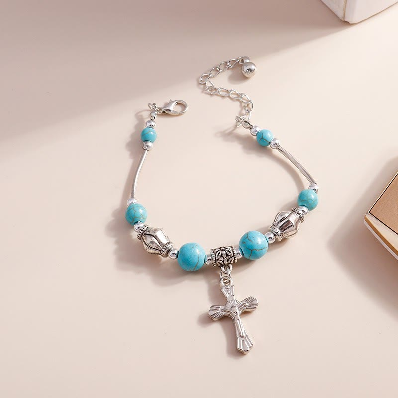 Bracelet pendentif croix en argent et perles turquoise Olivenorma