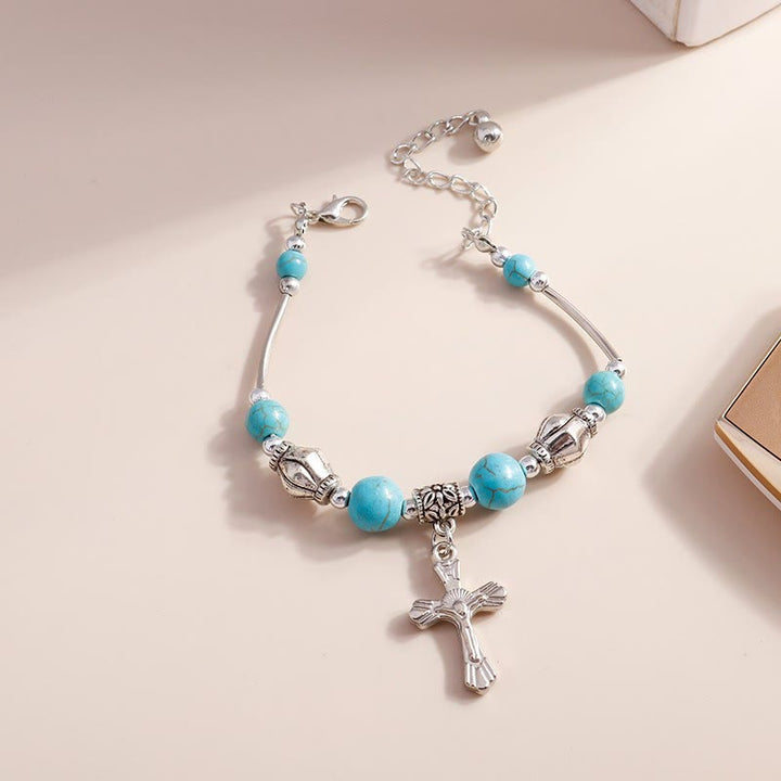 Bracelet pendentif croix en argent et perles turquoise Olivenorma