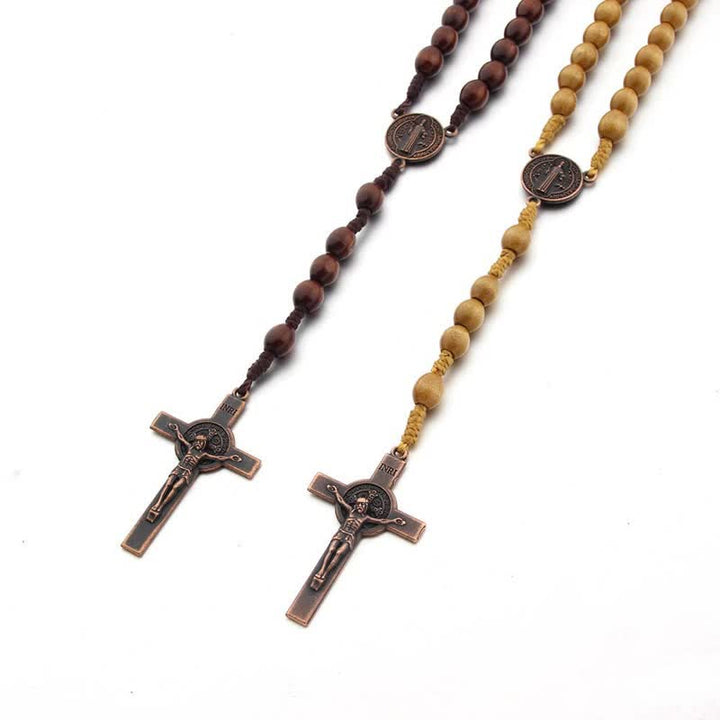 Collier chapelet en bois avec croix vintage tricotée Olivenorma