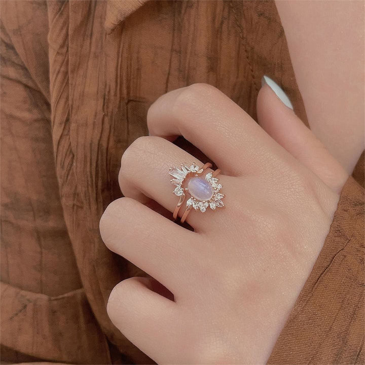 Ensemble de 2 bagues ovales en zircon blanc et pierre de lune Olivenorma