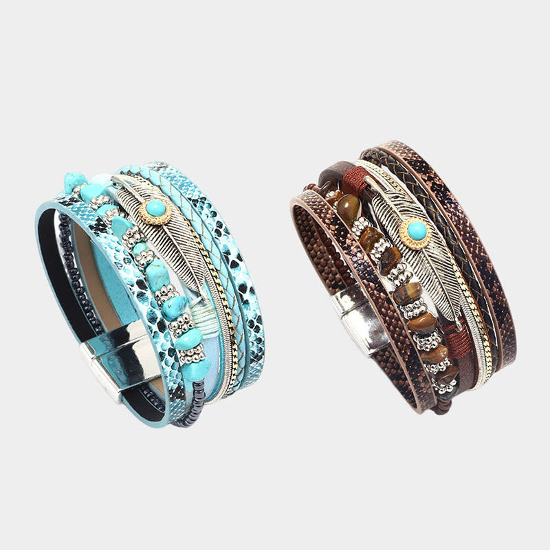 Bracelet en cuir multicouches marron vintage turquoise Olivenorma