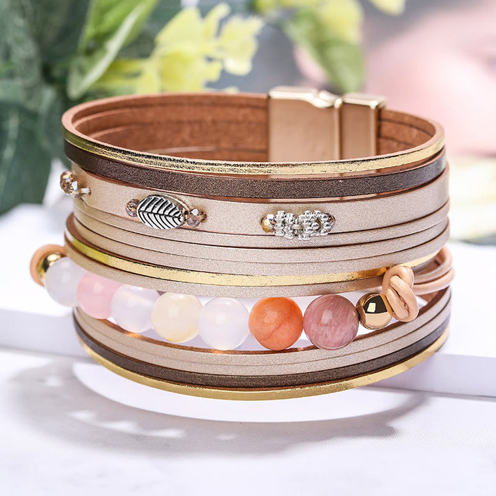 Bracelet multicouche en cuir et perles de cristal naturel Olivenorma