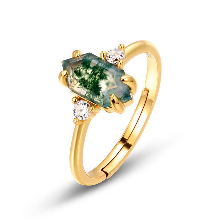 Bague ajustable Olivenorma en agate mousse hexagonale et zircon blanc S925