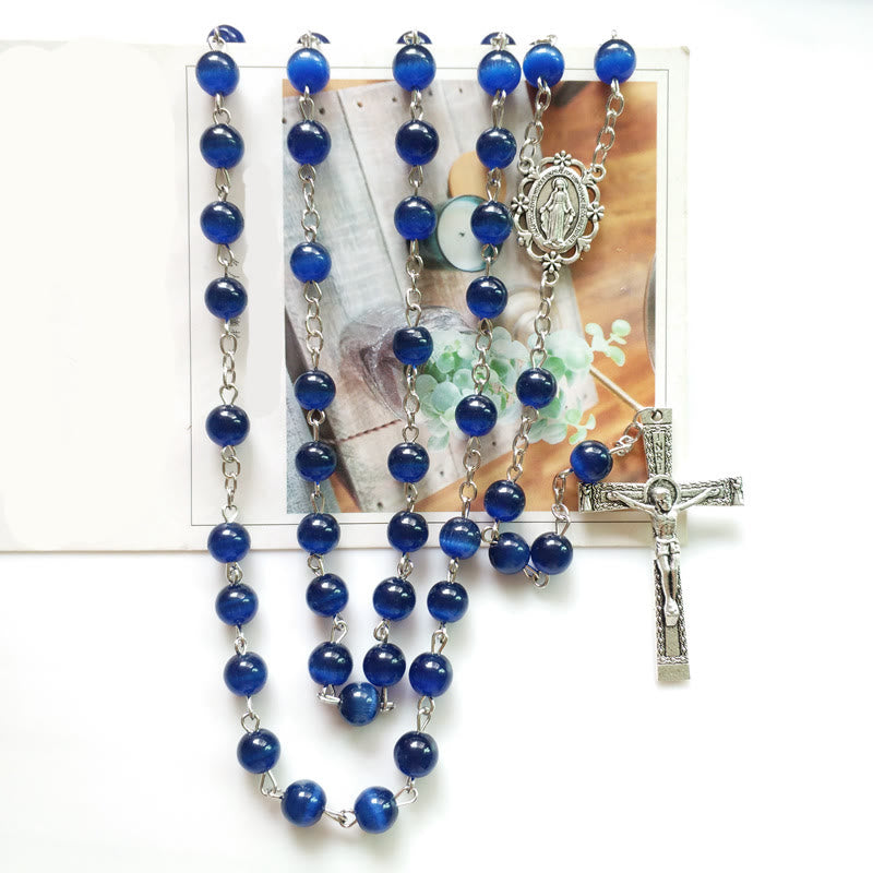 Collier chapelet croix en pierre œil de chat bleu Olivenorma de 8 mm 