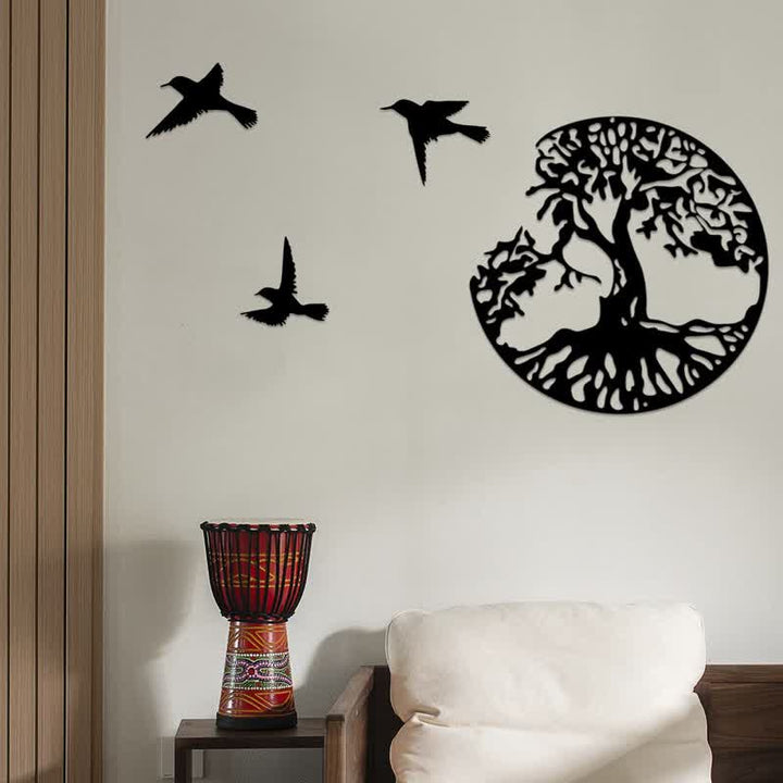 Décoration murale en métal Arbre de vie avec trois oiseaux