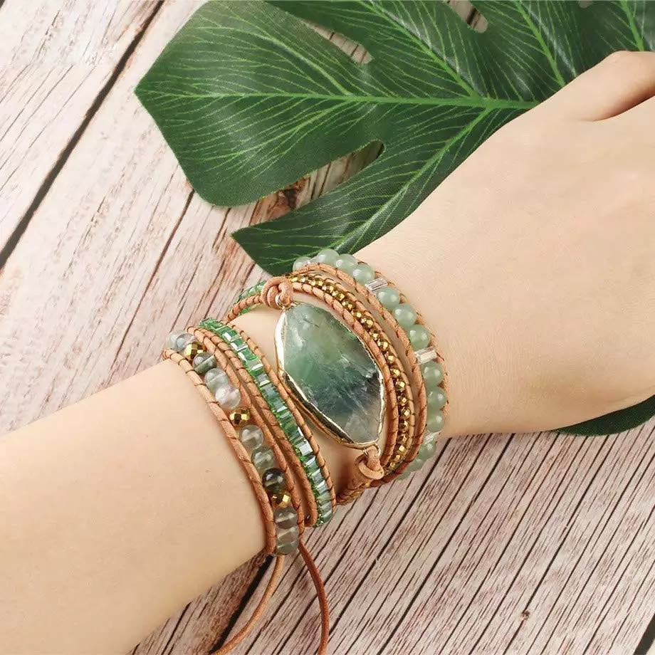 Bracelet tressé en perles de préhnite avec accessoires en fluorite verte Olivenorma