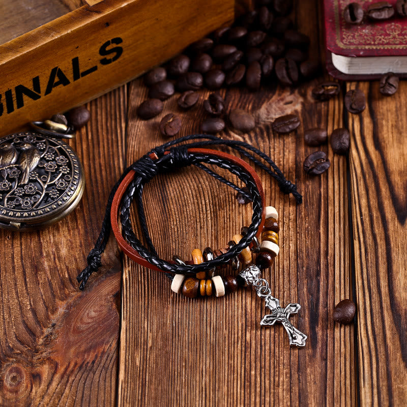 Bracelet tressé en cuir pour homme avec pendentif croix et étoile Olivenorma - image 1