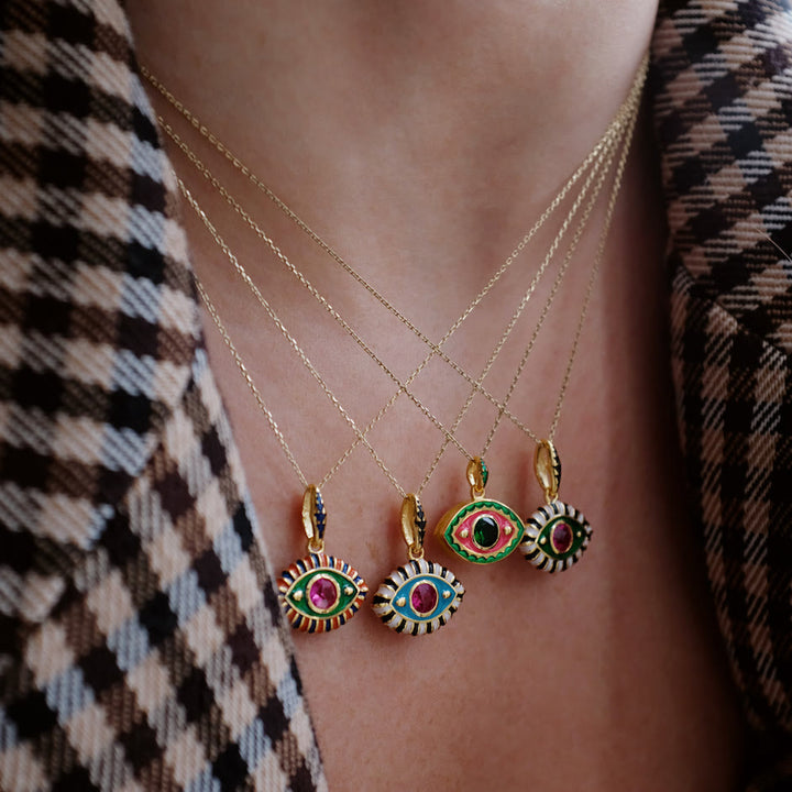 Collier pendentif en acier inoxydable avec zircon coloré contre le mauvais œil Olivenorma 
