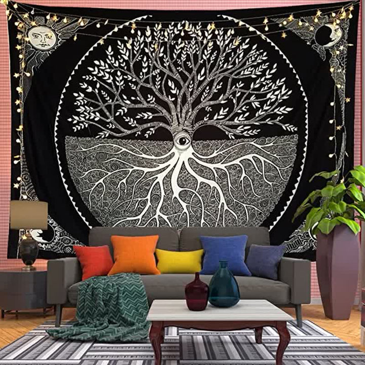Tapisserie murale représentant l'arbre de vie et l'art de la méditation