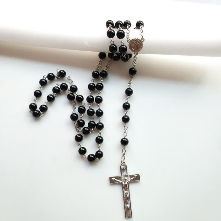 Collier chapelet en onyx noir avec croix gothique Olivenorma