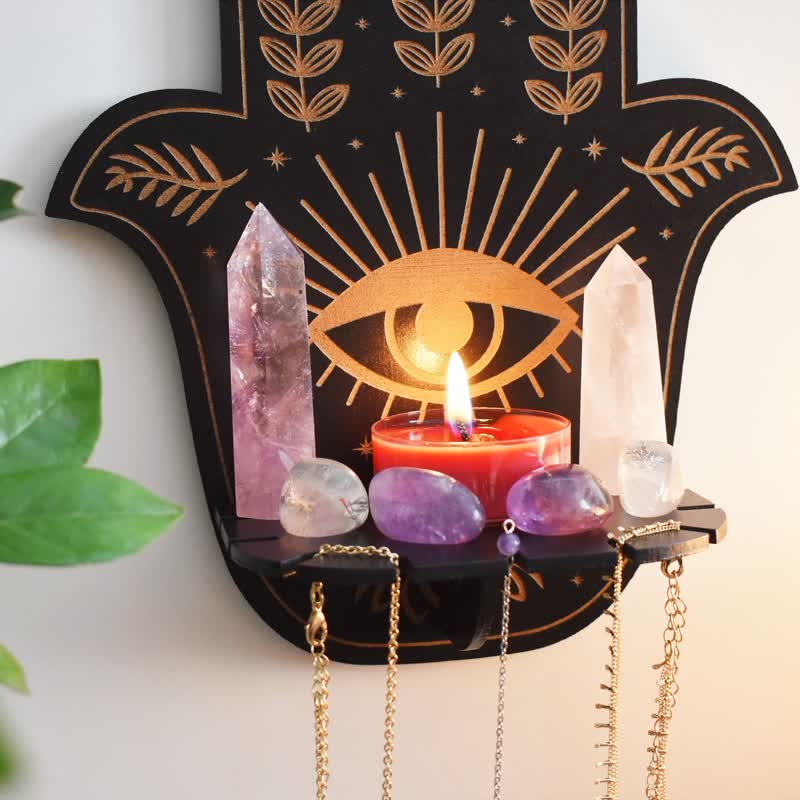 Etagère en cristal pour autel avec motif floral, soleil et lune, main de Hamsa Olivenorma 