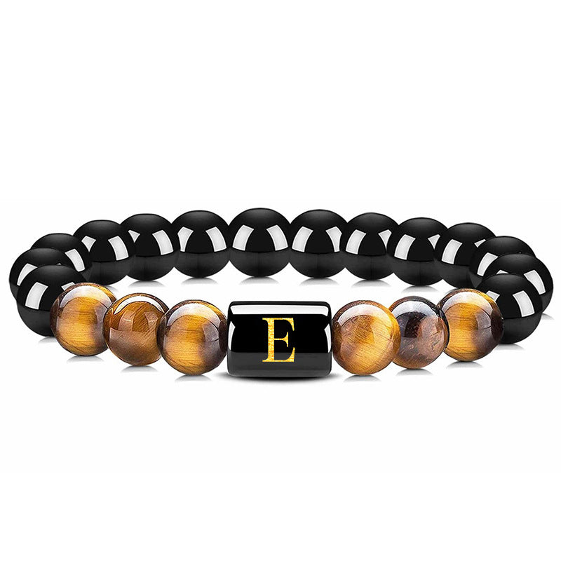 Bracelet en œil de tigre avec lettre en obsidienne - Œil de tigre et obsidienne - E - image 7