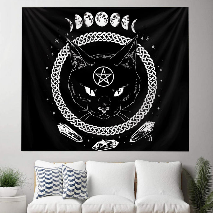 Tapisserie Olivenorma à motifs de phases de lune et de chat noir