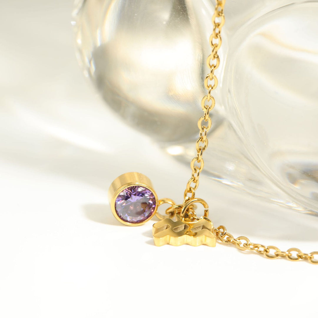 Collier en acier inoxydable avec pierre de naissance et runes du zodiaque Olivenorma