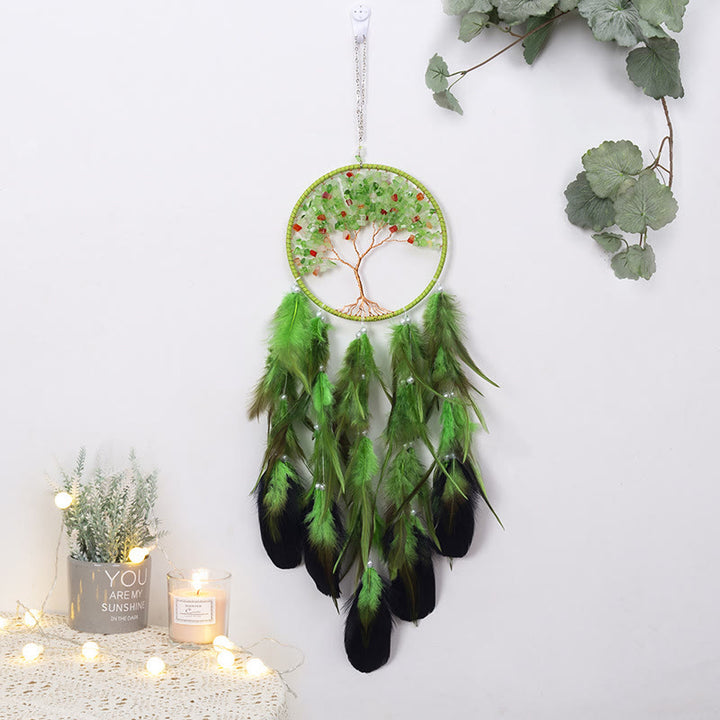 Attrape-rêves en cristal Olivenorma Arbre de vie avec plumes roses - Jade verte et agate rouge - image 15