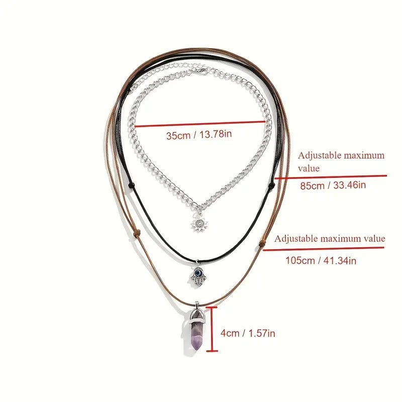 Ensemble de colliers multicouches rétro Olivenorma avec pendentif en forme de colonne Hamsa, mauvais œil et soleil en améthyste 