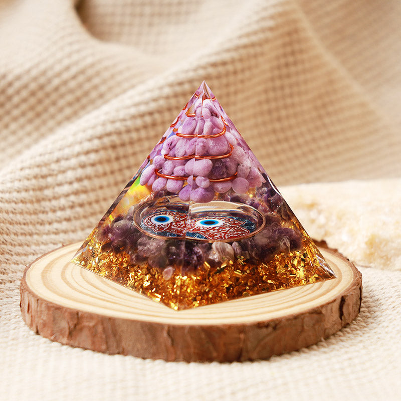 Pyramide d'orgone de protection Hamsa en améthyste Olivenorma avec jade violet