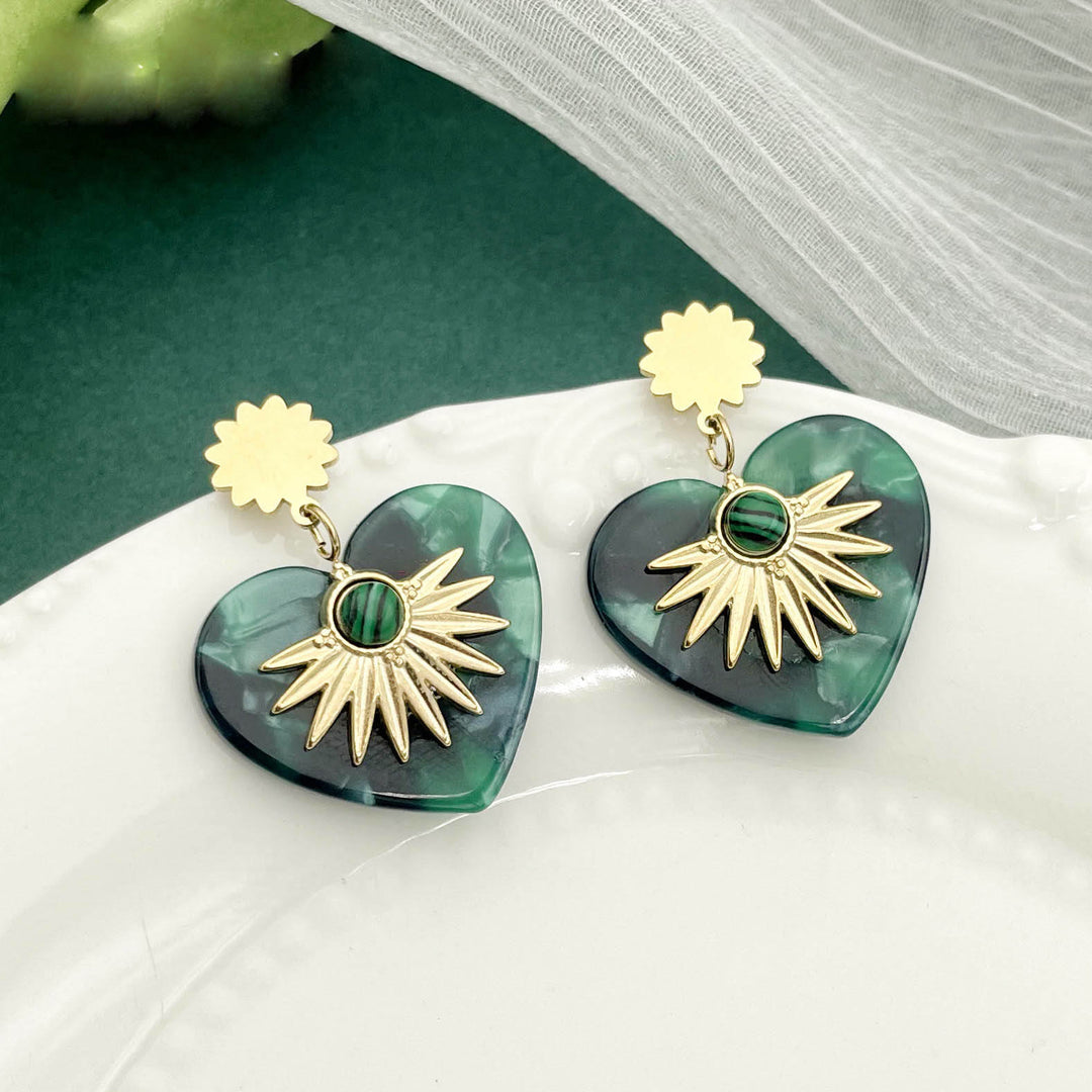 Boucles d'oreilles en forme de cœur en acier inoxydable doré et agate mousse Olivenorma 