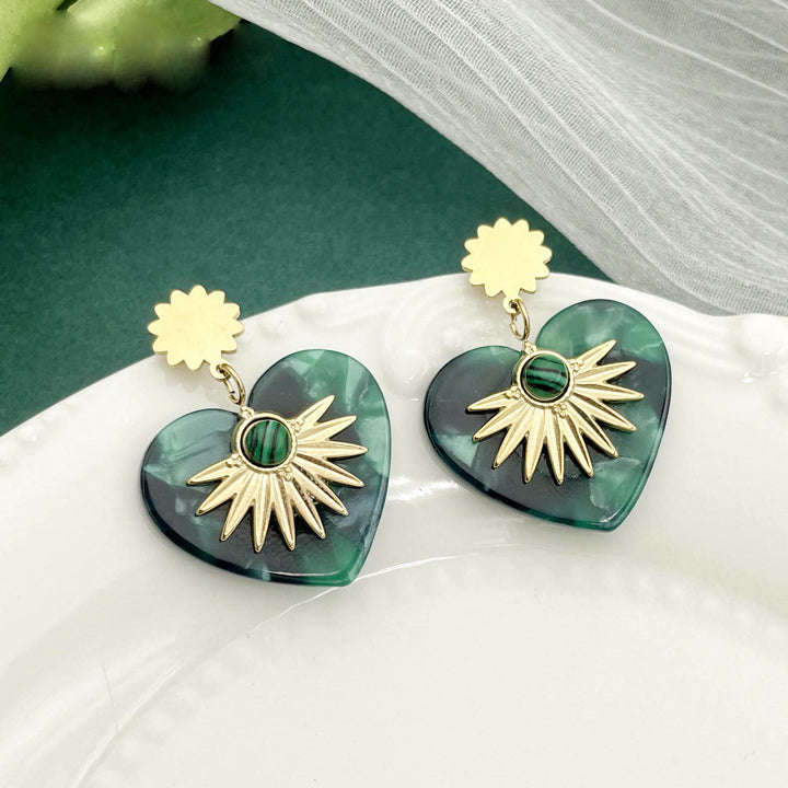 Boucles d'oreilles en forme de cœur en acier inoxydable doré et agate mousse Olivenorma 