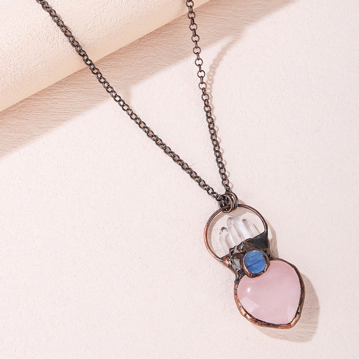 Collier chaîne pull irrégulier en quartz rose naturel en forme de cœur Olivenorma 