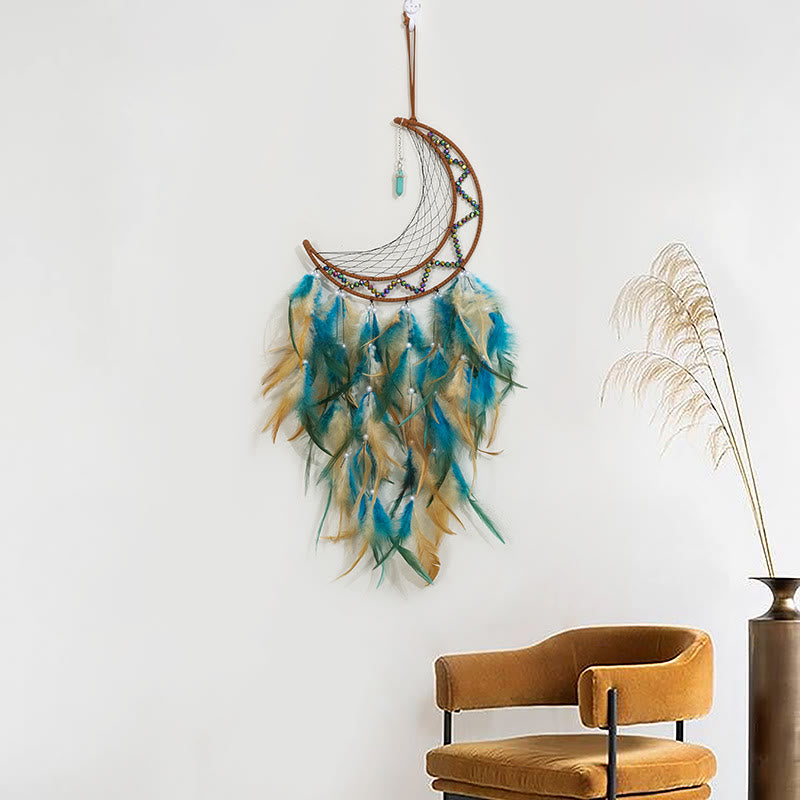 Pendentif turquoise Olivenorma en perles d'hématite et plumes de lune attrape-rêves 