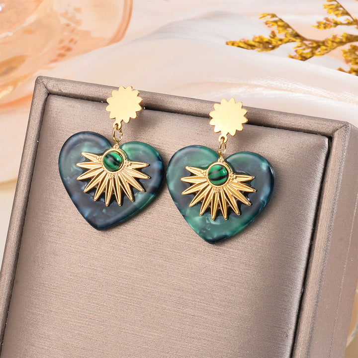 Boucles d'oreilles en forme de cœur en acier inoxydable doré et agate mousse Olivenorma 