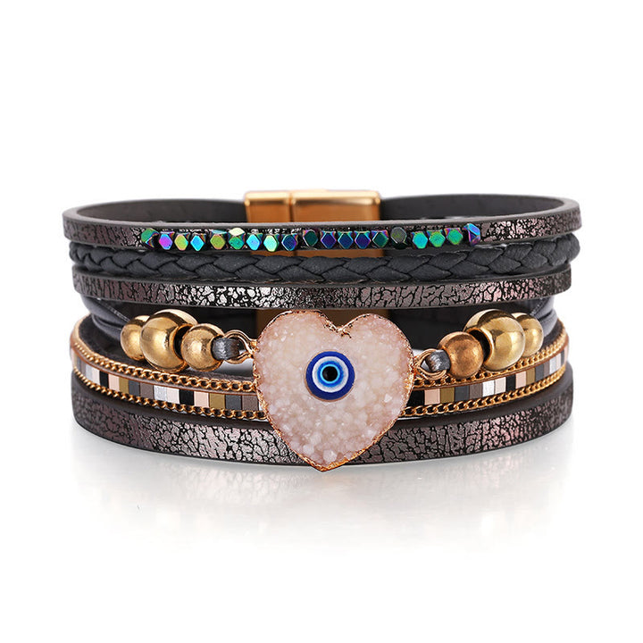 Bracelet Olivenorma « Triple Protection » en forme de cœur avec perles dorées en cristal et mauvais œil