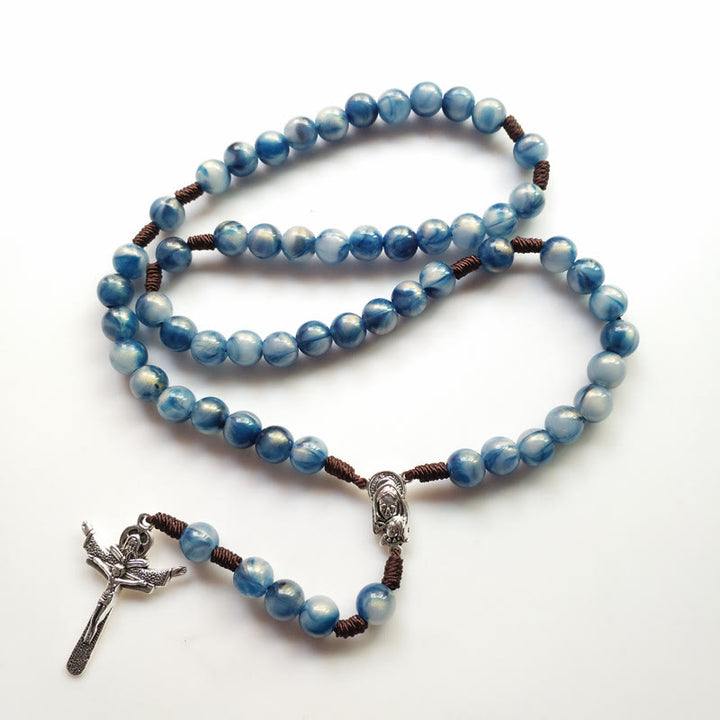 Collier chapelet avec croix de Jésus en pierre œil de chat bleu Olivenorma 