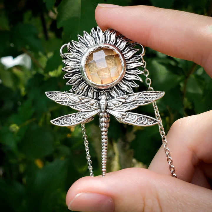 Collier pendentif tournesol libellule en pierre de soleil Olivenorma 