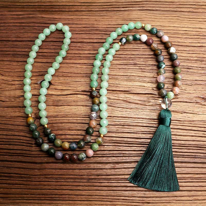 Collier Bracelet Mala en Aventurine Verte et Agate Indienne Olivenorma 