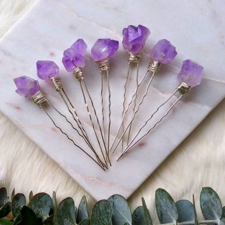 Épingle à cheveux en forme de fleur de quartz améthyste naturelle Olivenorma