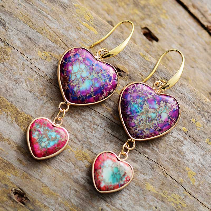 Boucles d'oreilles pendantes à double cœur en pierre empereur violette et rose rouge Olivenorma