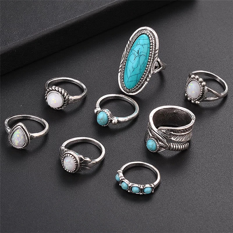 Ensemble de 8 bagues en feuille d'éléphant turquoise et opale Olivenorma 